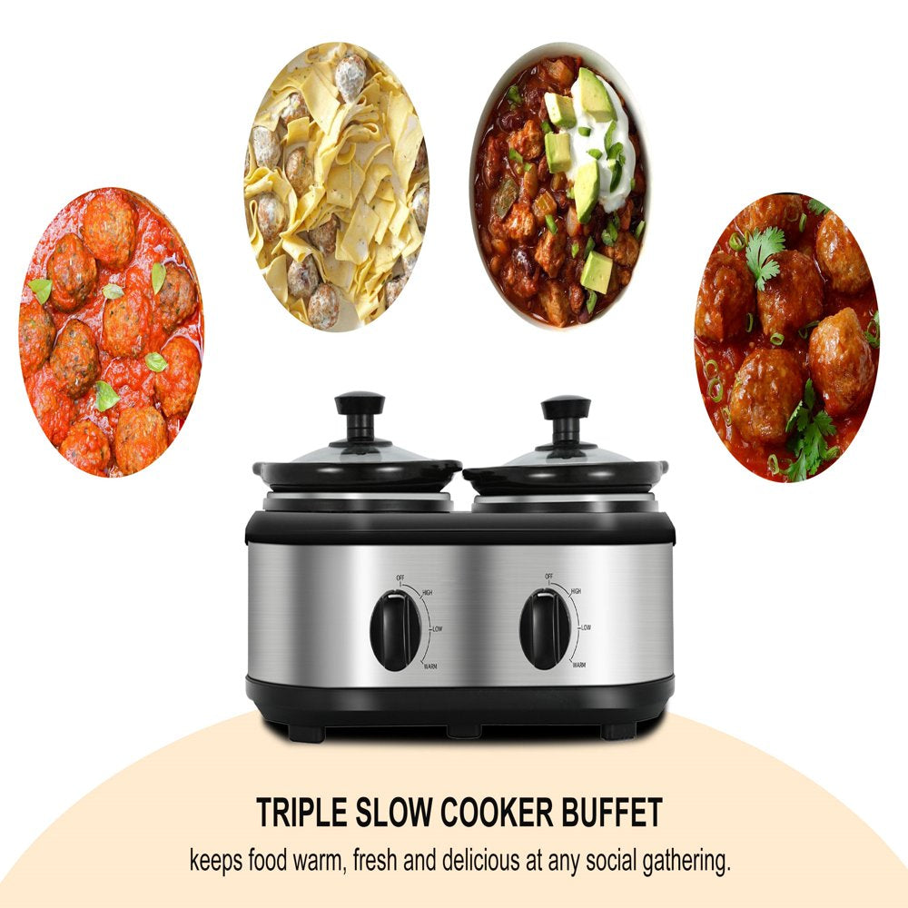 Dual Pot Slow Cooker 2X1.25 Qt Food Warmer with Adjustable Temp Slow Cooker Buffet Server Stainless Steel