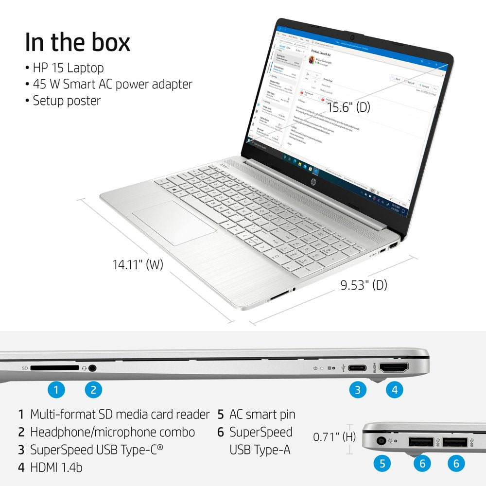 15.6" Laptop, Intel Core I3-1115G4, 8GB RAM, 256GB SSD, Windows 10 Home, Natural Silver, 15-Dy2091Wm