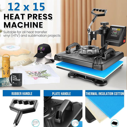 Heat Press Machine for Tshirts, 5 in 1 Heat Transfer Machine, 12" X 15" Heat Printing Press for Sublimation Combo with 360 Degree Rotation Swing Away for T-Shirt Hat Cap Mug Plate, Blue Black