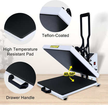 Heat Press Machine for T-Shirt 15X15, Digital Industrial Quality Heat Press Machine Clamshell Transfer Sublimation Print Press Machine White