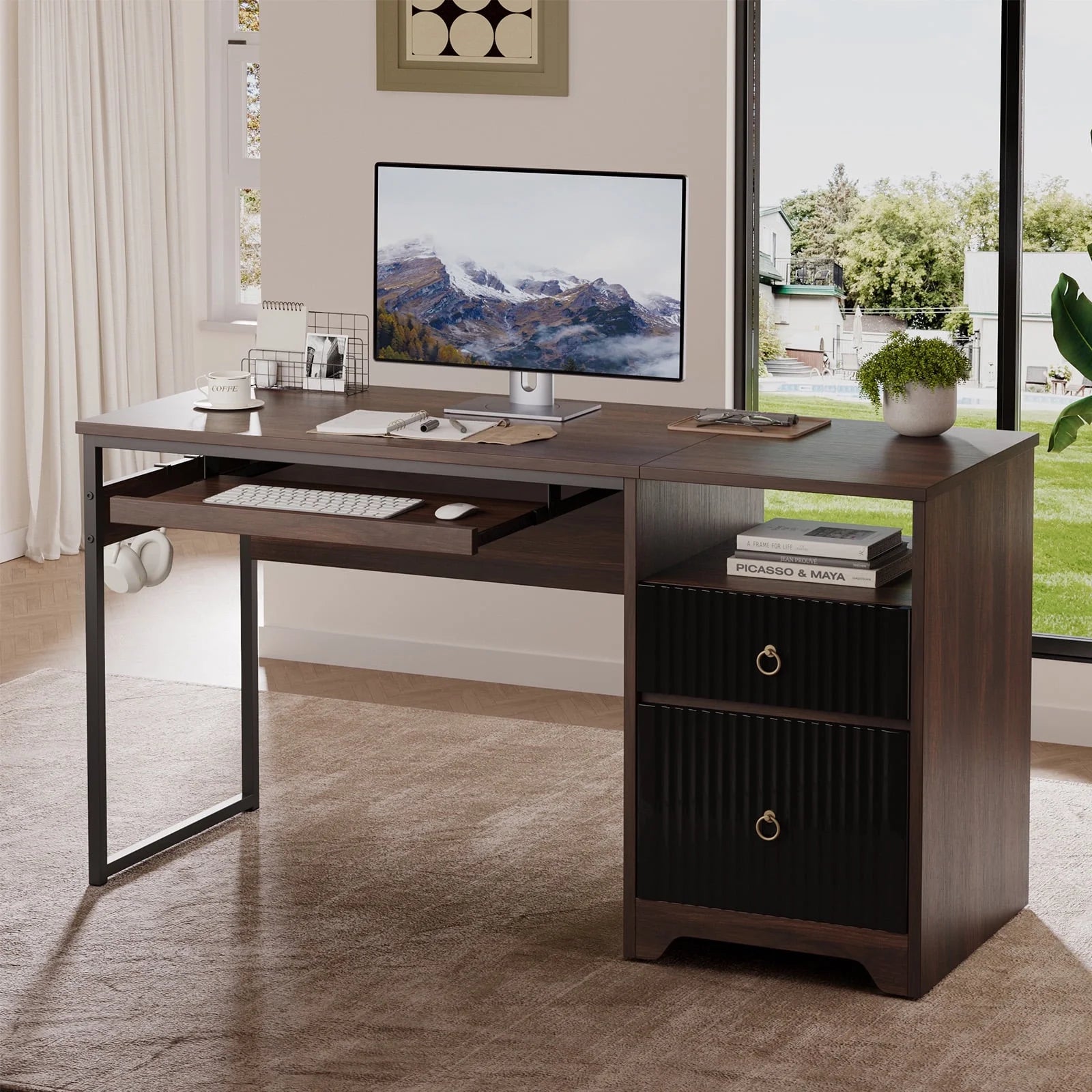 55 Inch Office Desk with Drawers, Keyboard Tray, 2 Hooks, Modern Fluted Computer Desk for Home, Walnut
