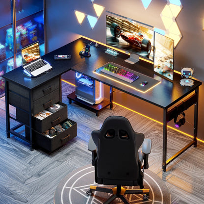 L Shaped Computer Desk with Charging Station, 53 Inch PC Table Study Desk 4 Tier Drawers, Modern Simple Style Laptop Desk for Bedroom, Black