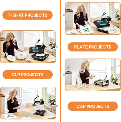 SPECRAFT 5-In-1 Combo Heat Press, 15X15 360° Swing Away Digital Sublimation Machine for T-Shirts Mugs Hats Plates, Green Black