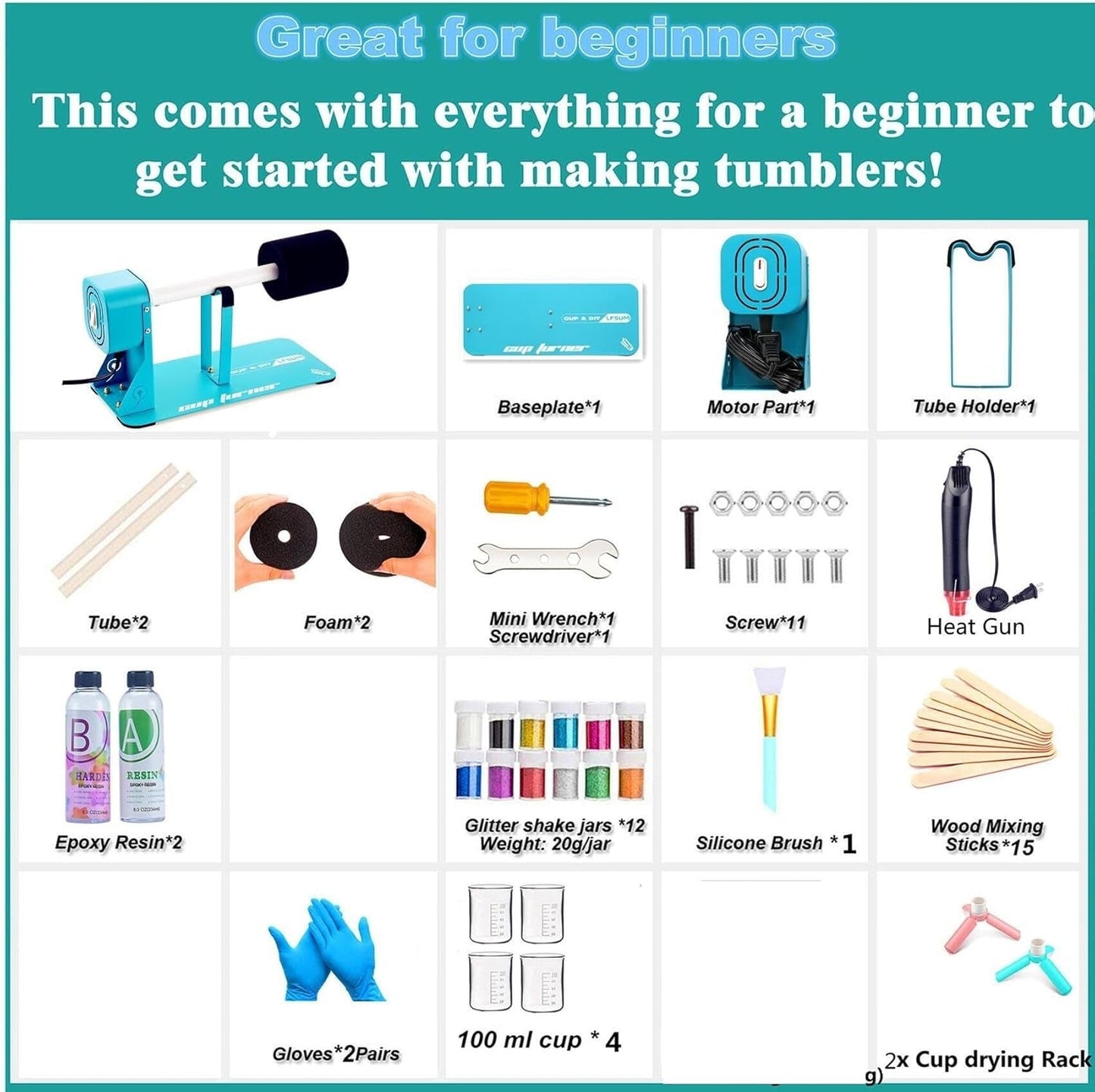 LFSUM Cup Turner Kit for Crafts Tumbler, Tumbler Cup Spinner, Glitter Powder, Epoxy Resin Kit for Beginners with Epoxy and Heat Gun (1X-Blue)