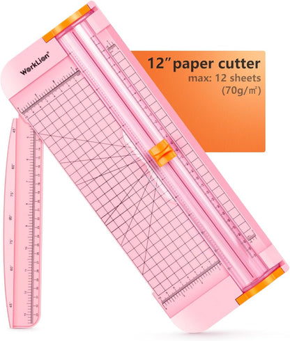 WORKLION Straight Paper Cutter for Crafting – Pink 12 Inch Paper Trimmer with Security Safeguard and Side Ruler, Perfect for Cardstock, Coupon,Photos and Crafting Paper.