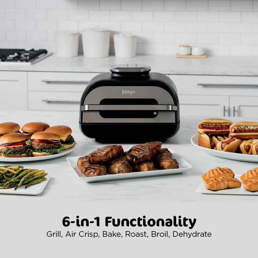 Ninja | Indoor Grill and Air Fryer| Foodi Smart XL | 6-In-1 Grill, Air Fry, Roast, Bake, Broil, Dehydrate & Crisp |Smart Thermometer & Splatter Shield | Dishwasher Safe Parts | Black/Silver | FG551