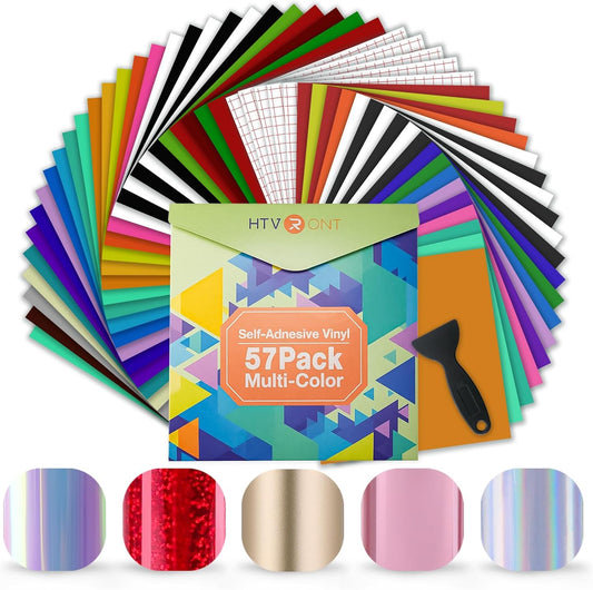 Permanent Vinyl - 57 Pack 12" X 12" Permanent Adhensive Vinyl Bundle Compatible with Cricut Cutting Machine, 52 Adhensive Sheets and 5 Transfer Tape Sets for Party Decoration, Stiker