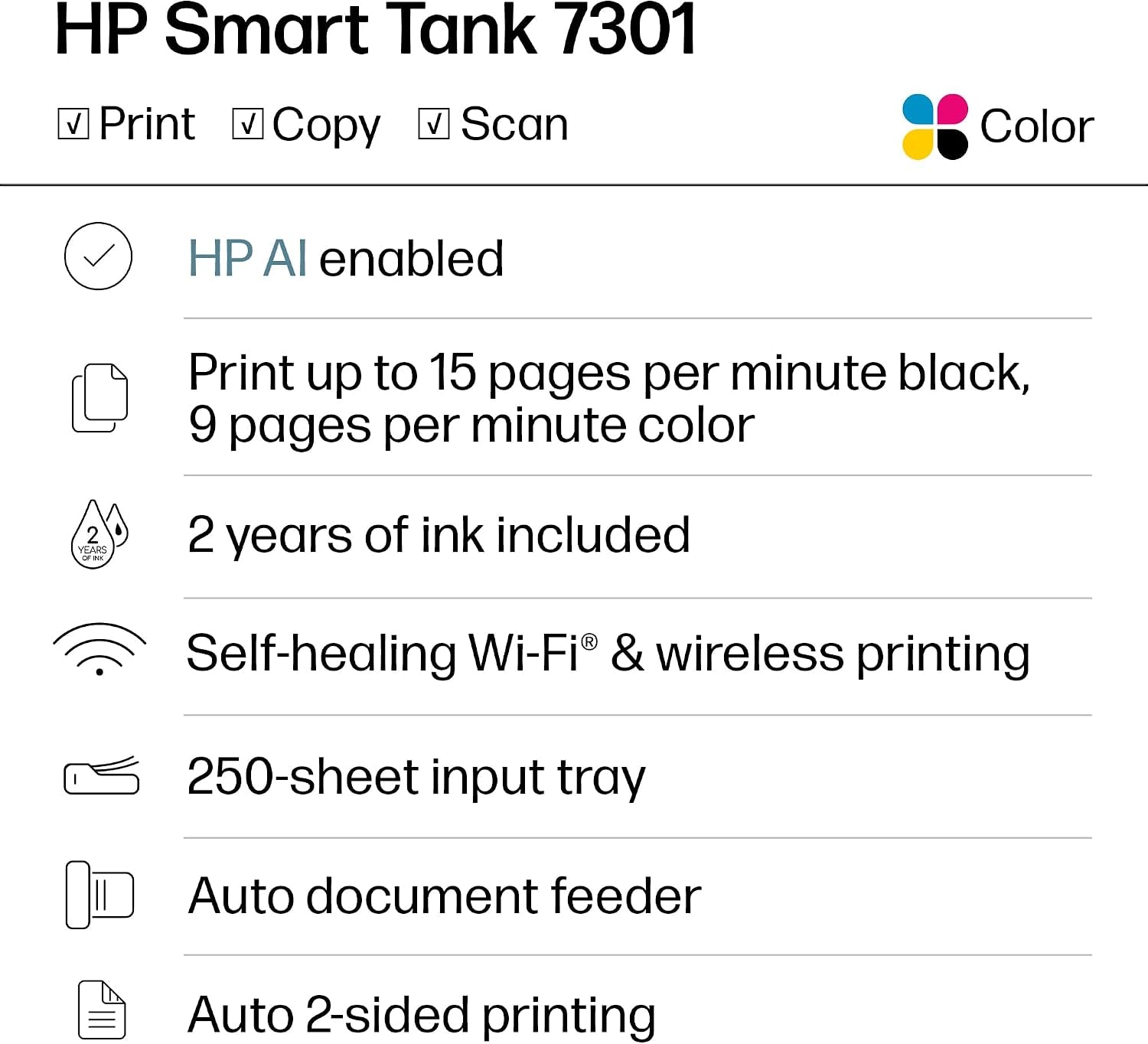 HP Smart Tank 7301 Wireless All-In-One Ink Tank Printer, Scanner, Copier with 2 Years of Ink Included, Best-For-Home Office, Cartridge-Free Refillable, Ai-Enabled (28B70A)