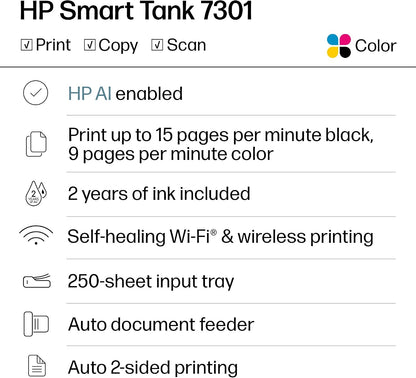 HP Smart Tank 7301 Wireless All-In-One Ink Tank Printer, Scanner, Copier with 2 Years of Ink Included, Best-For-Home Office, Cartridge-Free Refillable, Ai-Enabled (28B70A)
