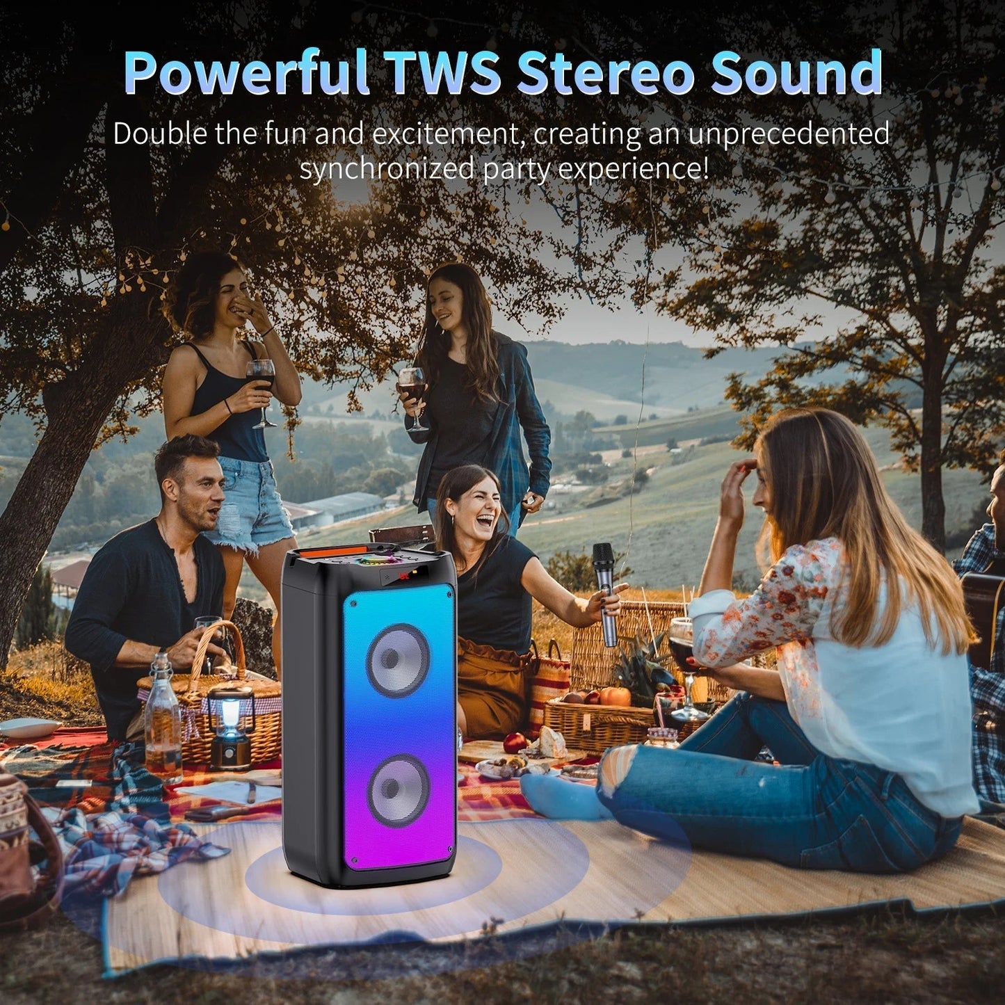 Party Speaker, Portable Bluetooth Speaker with 2 Microphone, Stereo Bass Speaker for Christmas Party