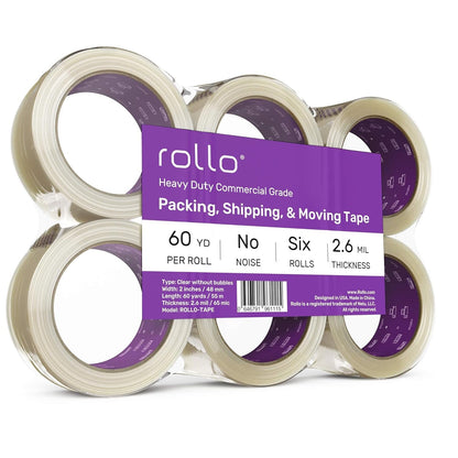 Rollo No Noise Packing Tape - Silent Shipping Tape 60 Yards X 2" Wide X 2.6 Mil Thick (6 Refill Rolls) - Clear Heavy Duty Industrial Quiet Tape for Packaging, Shipping, Moving, Storage with No Bubbles