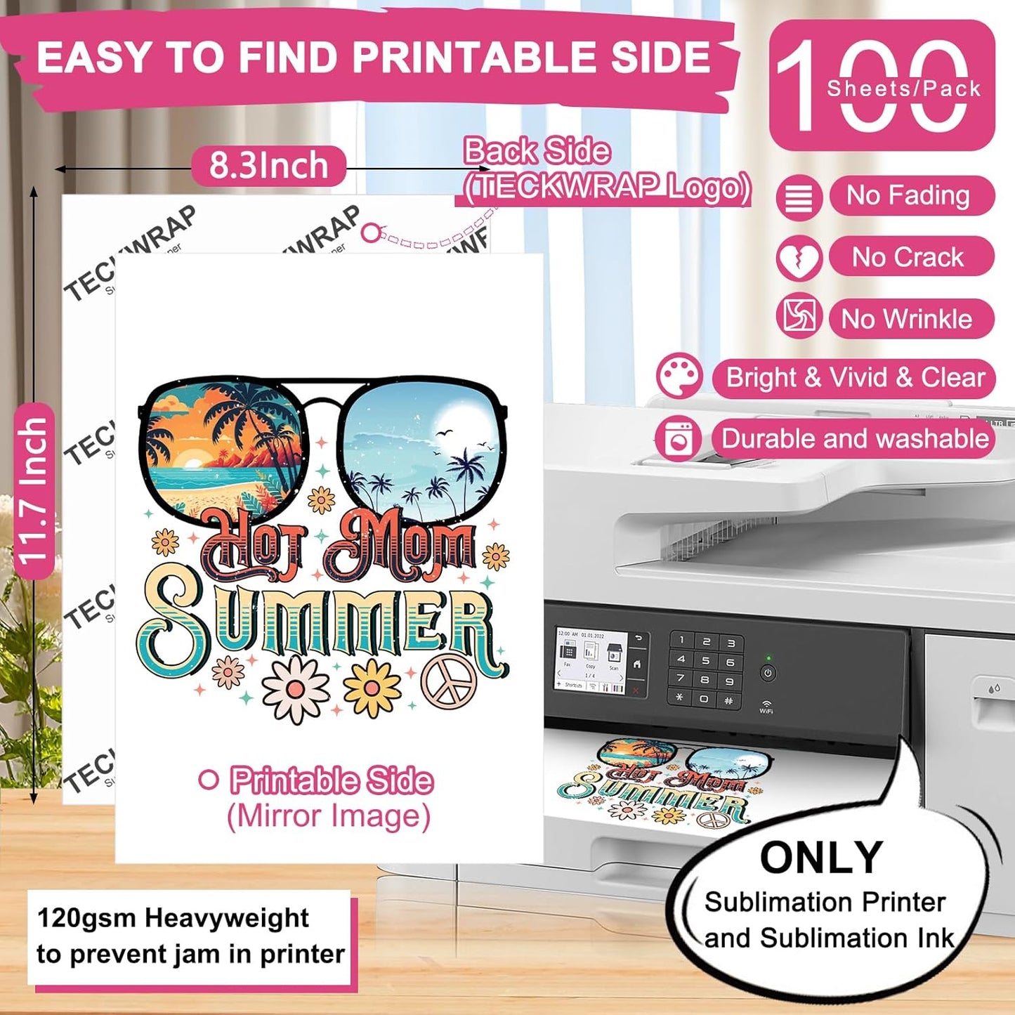 Sublimation Paper 8.3 X 11.7 Inch 100 Sheets 120Gsm Work with Sublimation Printer and Sublimation Ink, Heat Transfer Paper for Coated Mugs, Tumblers, Polyester T-Shirts, Light Fabric