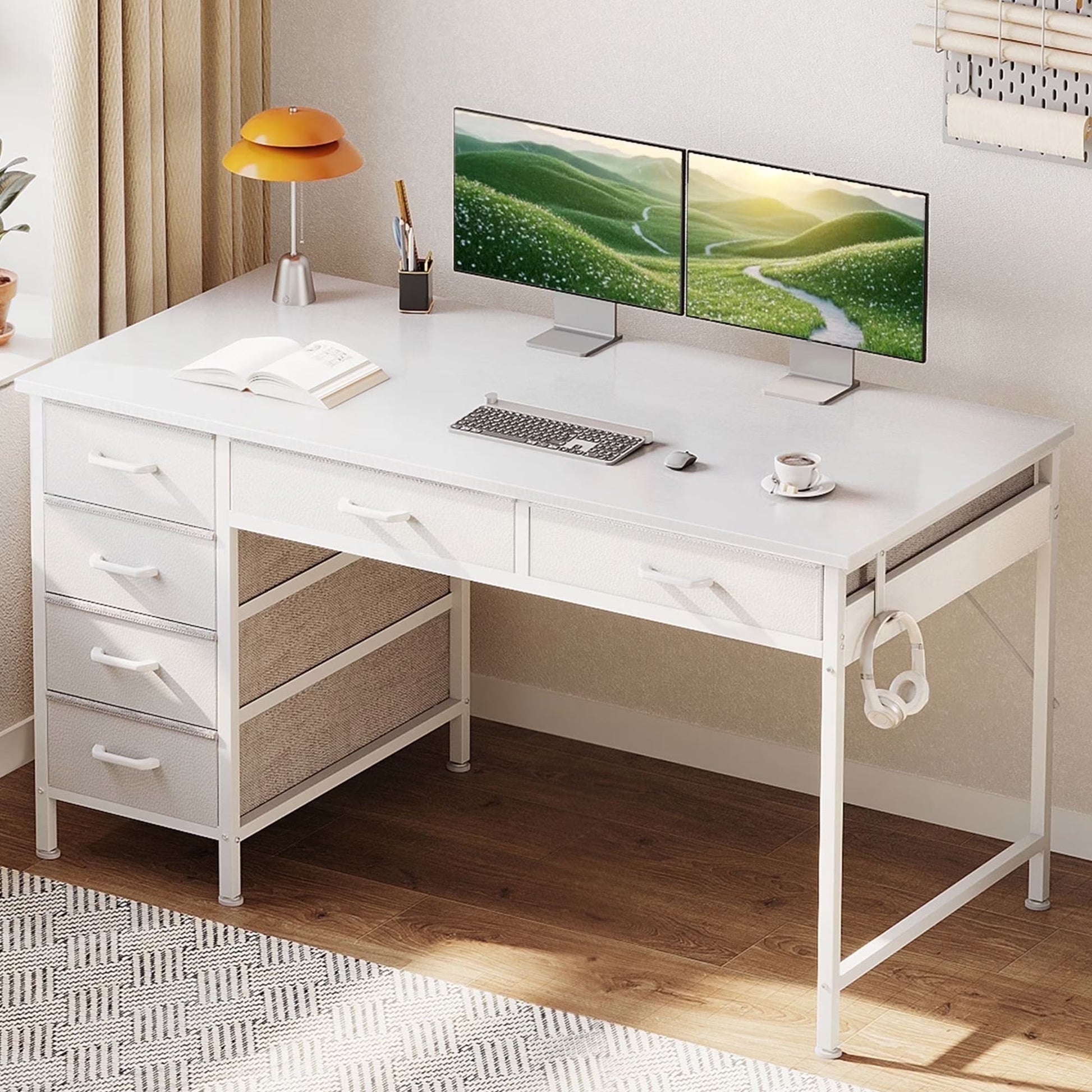 48" Home Office Desk with 6 Drawers, Modern Computer Desk with Small Space, Corner Computer Desk, Pure White