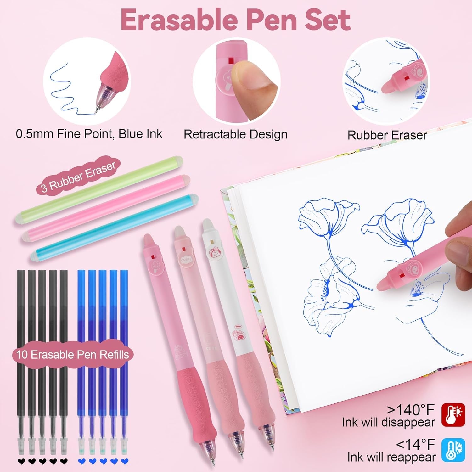 61 PCS Aesthetic School Supplies with Cute Pencil Case, Pastel No Bleed Highlighters, Gel & Erasable Pens, Mechanical Pencils, Refills, Complete Essentials Stationery Kit for Students (Pink)