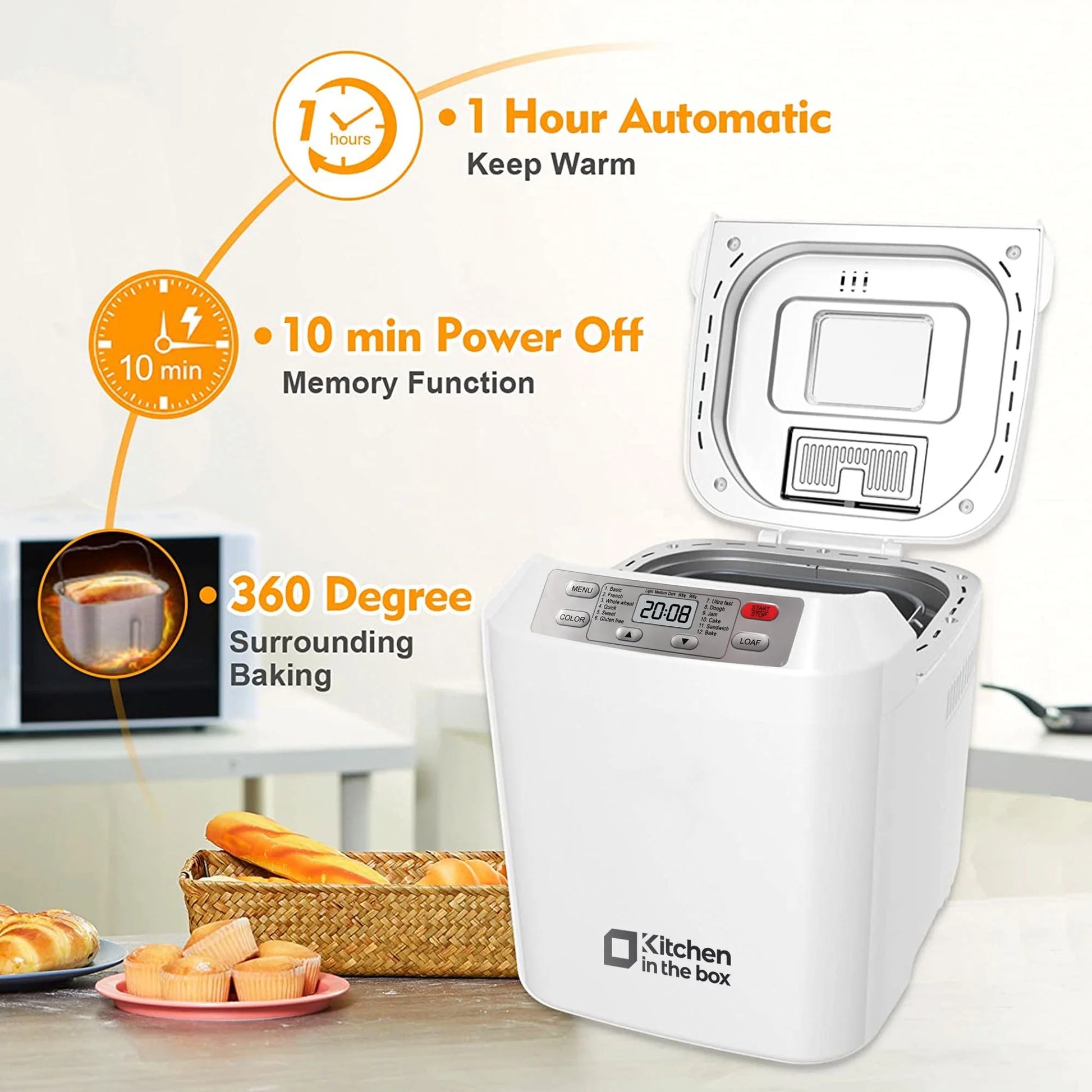 2Lb Bread Machine with Auto Fruit Nut Dispenser, 12 Presets Bread Maker Gluten-Free Setting, 13 Hour Delay Timer, White