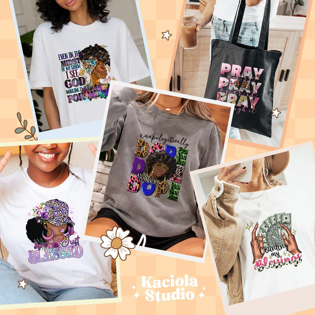 Kaciola 30 Sheets Black Girl DTF Transfers Ready to Press, Black Women Iron on Transfers for T Shirts Washable Stickers Iron on Decals for T Shirts Hoodie DIY Crafts
