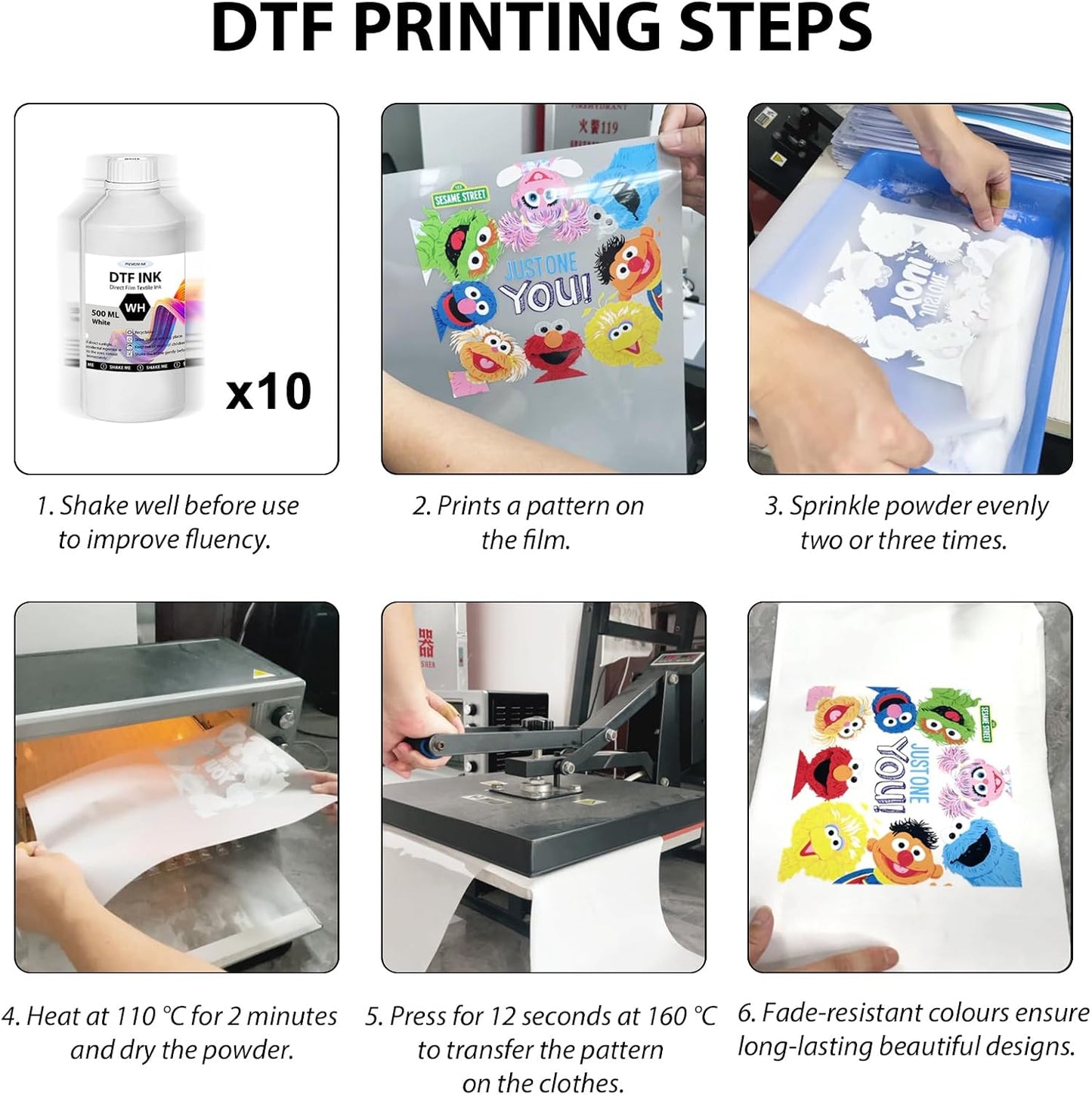 DTF Ink - 3000ML DTF Transfer Ink for PET Film, Premium Pigment Ink Refill for P600 P800 DX5 DX7 R1390 XP600 I3200 4720 5113 Printers, High Fluidity & Coverage (500ML*6, 2W+BKCMY)