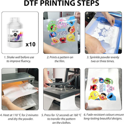 DTF Ink - 3000ML DTF Transfer Ink for PET Film, Premium Pigment Ink Refill for P600 P800 DX5 DX7 R1390 XP600 I3200 4720 5113 Printers, High Fluidity & Coverage (500ML*6, 2W+BKCMY)