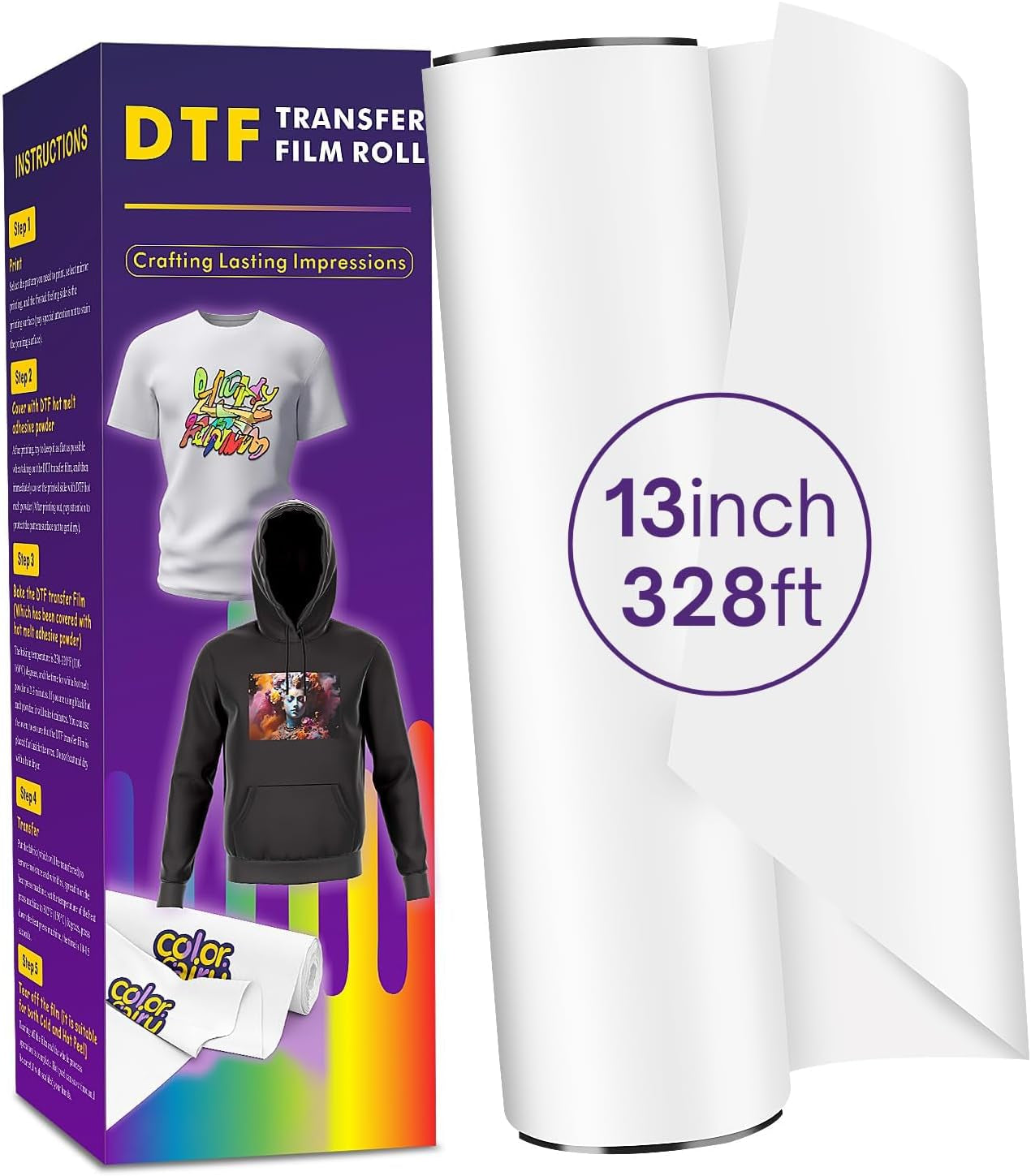 Colorfairy DTF Transfer Film Roll 13" X 328', A3+ Double-Sided Matte PET Heat Transfer Paper, Universal for All T-Shirts & Dark Fabrics, Vibrant Colors, Easy Peel Hot/Cold