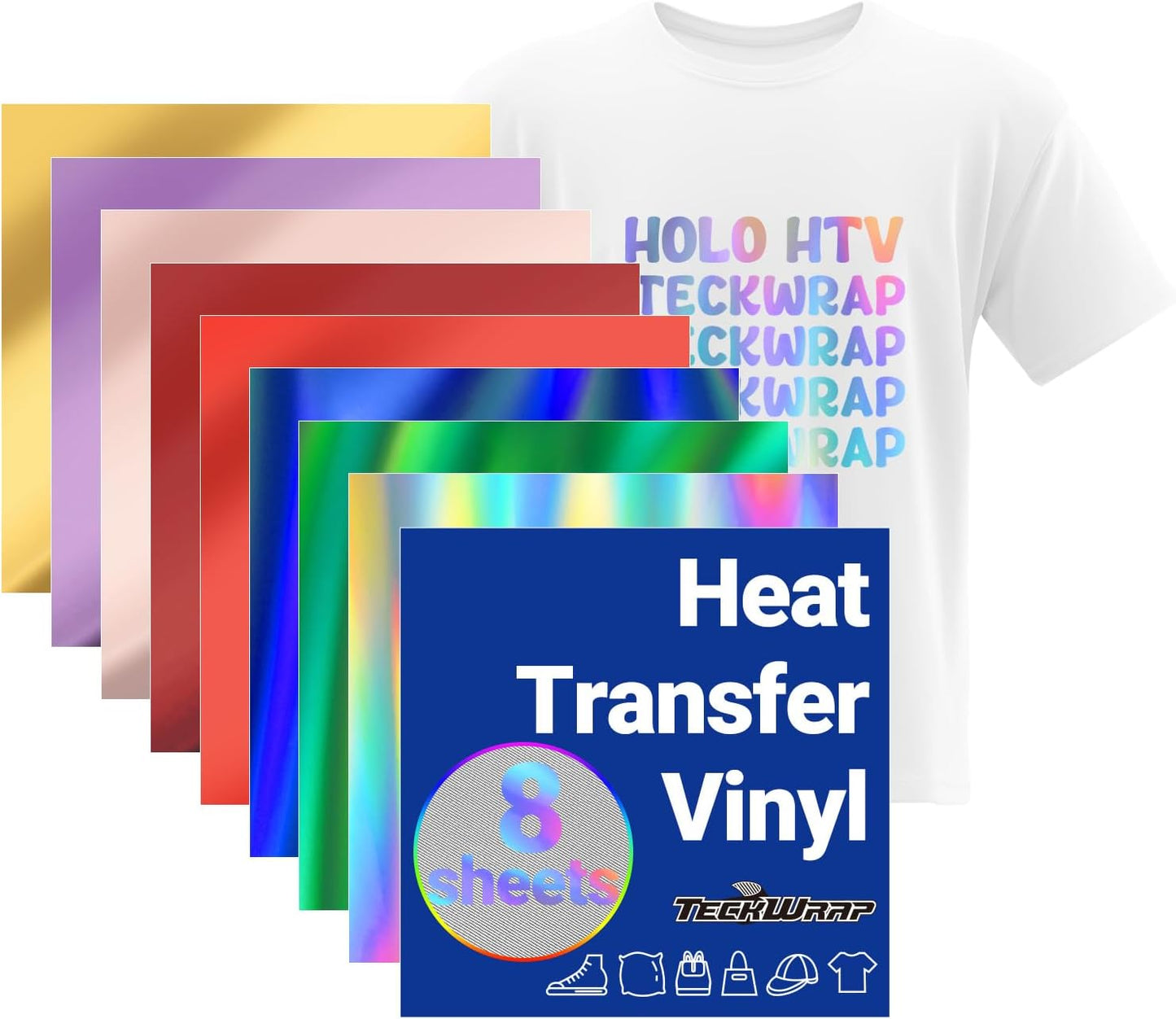 Metallic Holographic Heat Transfer Vinyl - 7 Sheets 12"X12" Iron on Vinyl for T-Shirts, Clothes, Bags, Pillows and More, Compatible with Most Cutter Machines