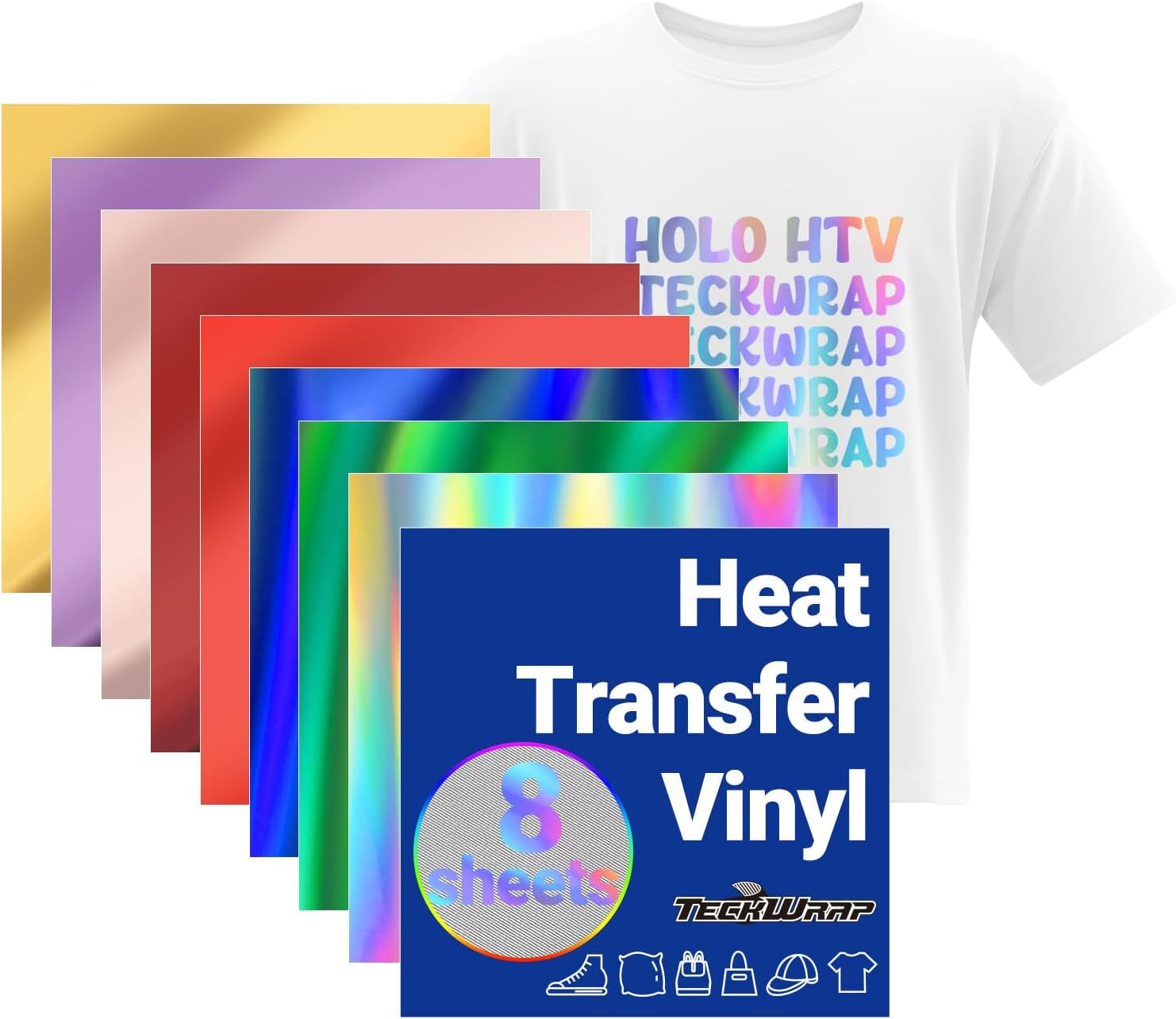 Metallic Holographic Heat Transfer Vinyl - 7 Sheets 12"X12" Iron on Vinyl for T-Shirts, Clothes, Bags, Pillows and More, Compatible with Most Cutter Machines