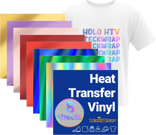 Metallic Holographic Heat Transfer Vinyl - 7 Sheets 12"X12" Iron on Vinyl for T-Shirts, Clothes, Bags, Pillows and More, Compatible with Most Cutter Machines