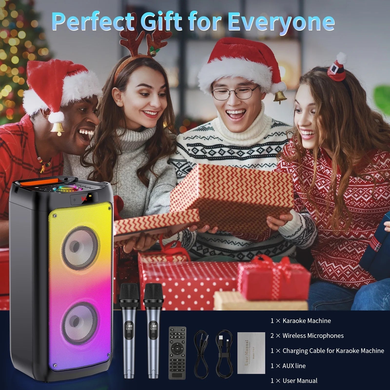 Party Speaker, Bluetooth Speaker with 2 Microphones, Dual 4'' Subwoofer Deep Bass