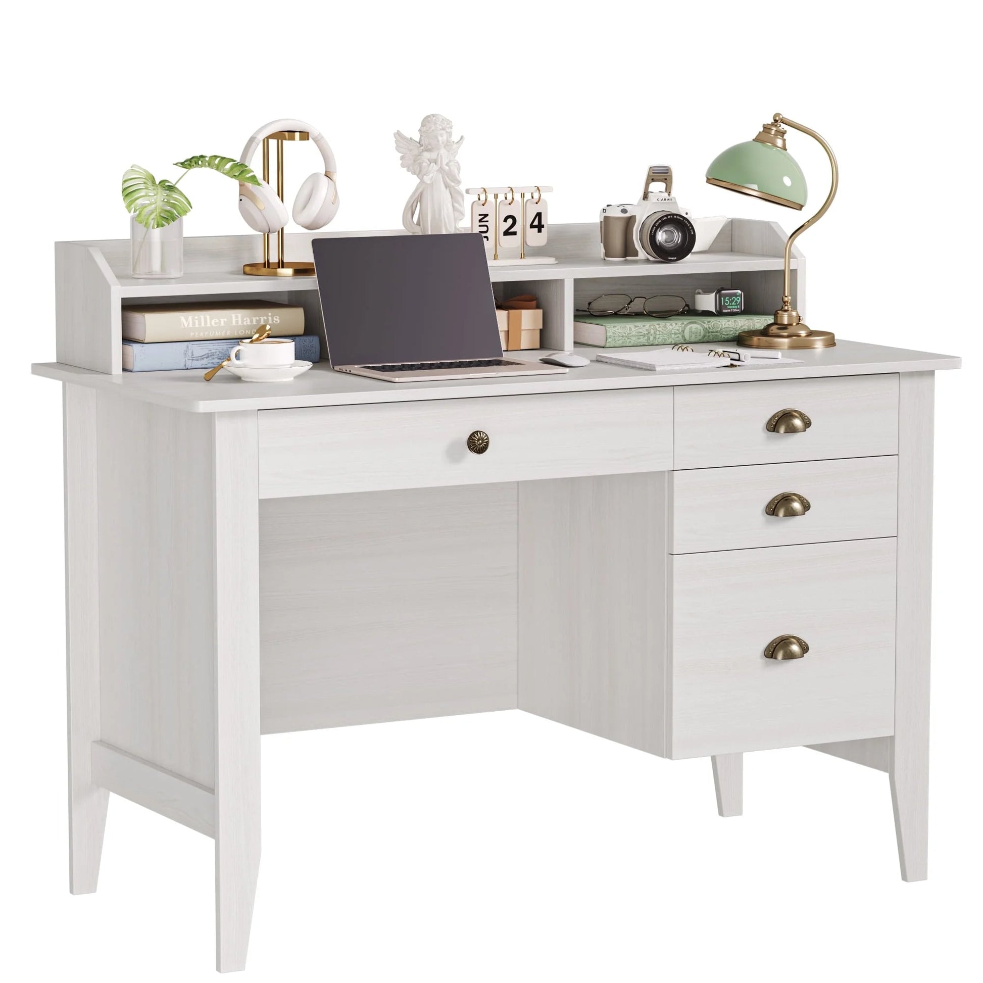 47 in Computer Desk, Home Office Writing Table with 4 Drawers and Hutch Shelf, Oak White