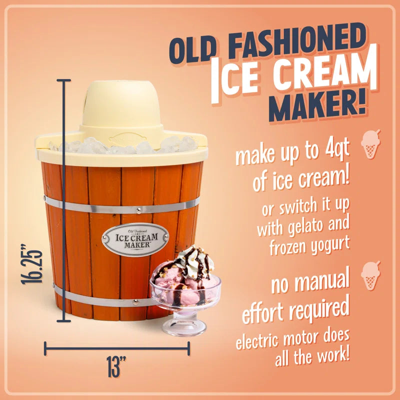 Nostalgia Electric Bucket Ice Cream Maker with Easy-Carry Handle, Makes 6-Quarts in Minutes, Frozen Yogurt, Gelato, Made from Real Wood