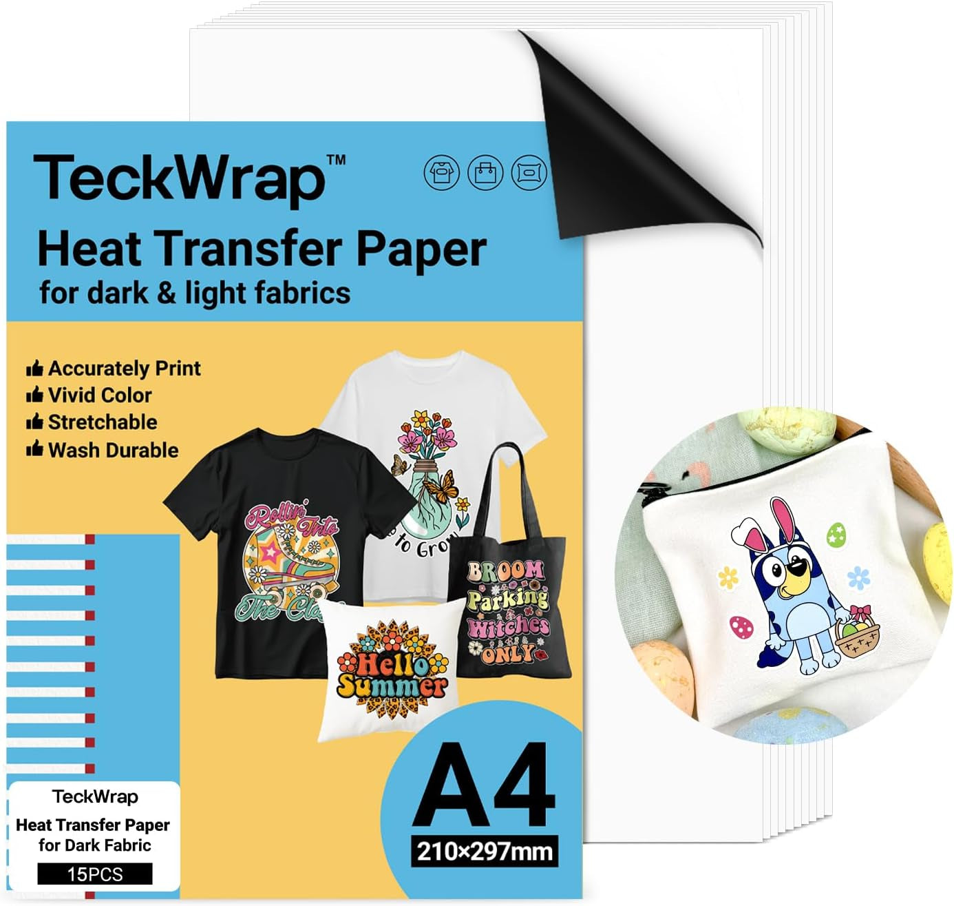 Printable Heat Transfer Paper for T-Shirts 15 Sheets, 8.3" X 11.7" Printable Heat Transfer Vinyl for Inkjet Printer, Iron on Transfer Paper for Light and Dark Fabric (Matte White)