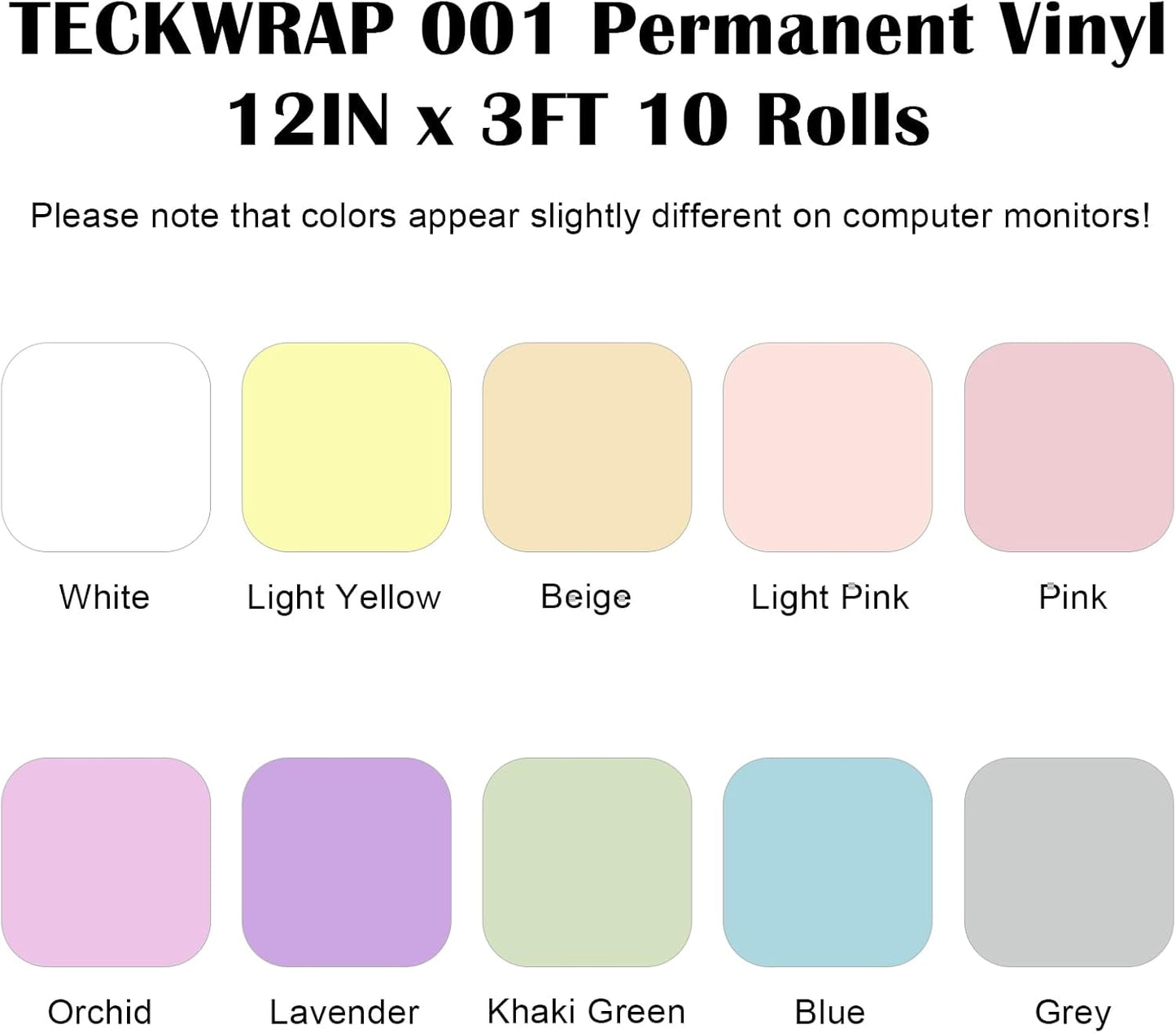 001 Matte Pastel Permanent Vinyl, 12" X 3Ft, 10 Boho Vinyl Adhesive Indoor & Outdoor Decal for Cricut, Silhouette, Cameo Cutters, Signs, Scrap-Booking, Craft Cutters