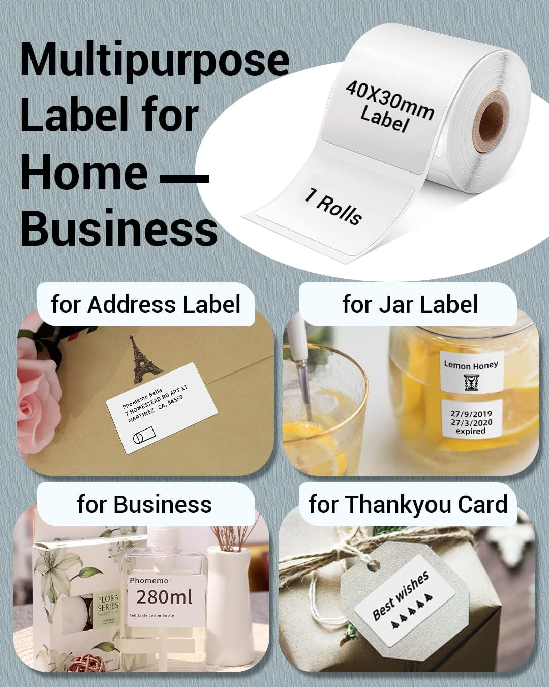 Phomemo Thermal Labels-For M110/M100/M220/M221/M108,1.57"X1.18"(40X30Mm),Name Labels for Kids/School, 230 Labels/Roll, for Barcode/Address/Mailing/Logo/Business/Home
