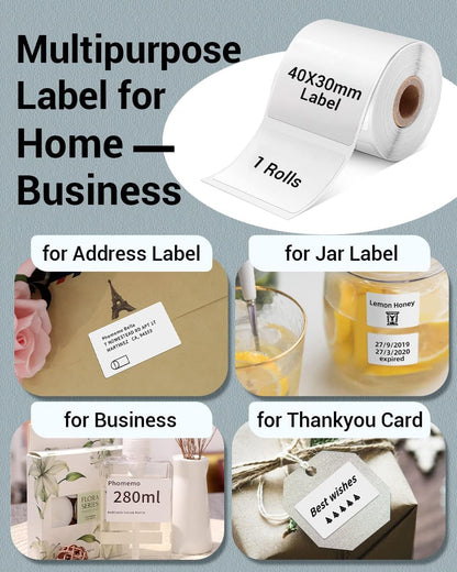 Phomemo Thermal Labels-For M110/M100/M220/M221/M108,1.57"X1.18"(40X30Mm),Name Labels for Kids/School, 230 Labels/Roll, for Barcode/Address/Mailing/Logo/Business/Home