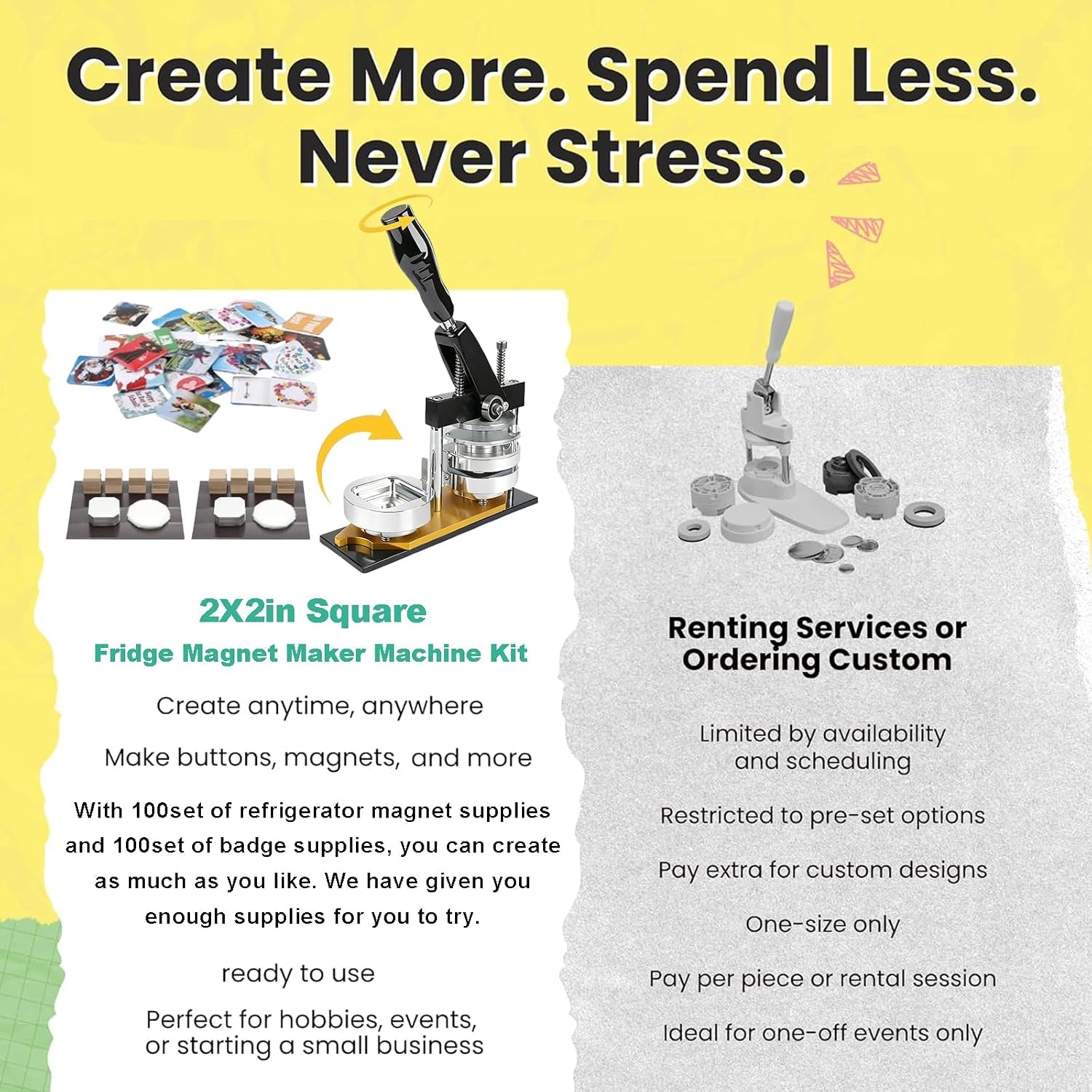 2X2 in Magnet Maker Machine Square, 50X50Mm Square Refrigerator Photo Badge Press with Light-Duty Paper Cutter +200 Sets Supplies + 100Pcs Photo Paper, for Small Business, Craft Lovers, DIY Gifts