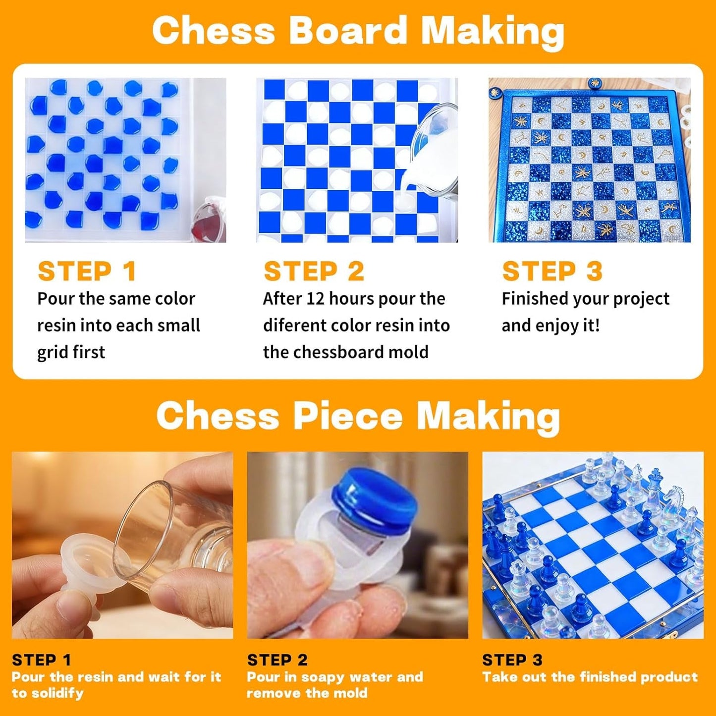Resin Chess Set Mold with 1Pack Chess Piece Holder, 16 Pieces Full Size 3D Silicone Chess Molds 1 Chessboard Mold for Epoxy Resin Casting, DIY Chess Board Game and Home Decoration Family Party