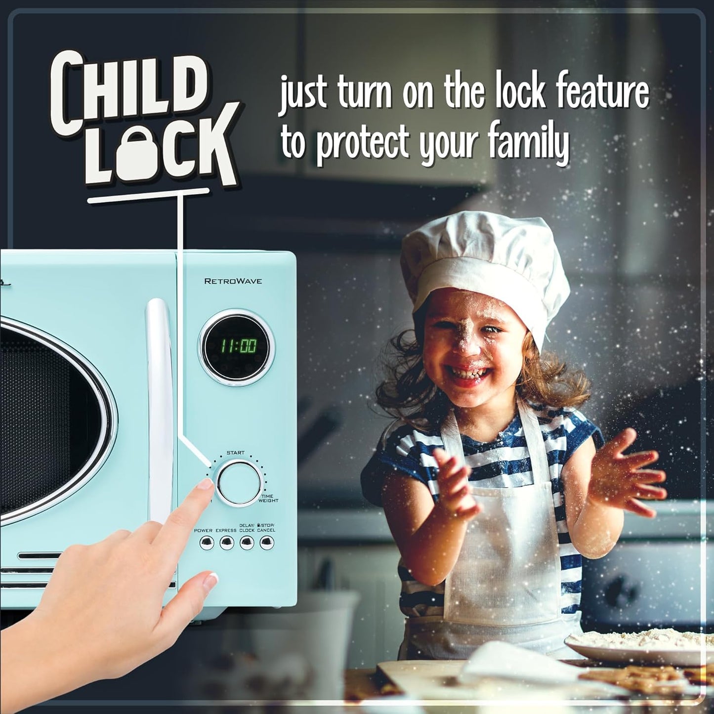 Nostalgia Retro Countertop Microwave Oven - 800-Watt - 0.9 Cu Ft - 12 Pre-Programmed Cooking Settings - Digital Clock - Kitchen Appliances - Aqua