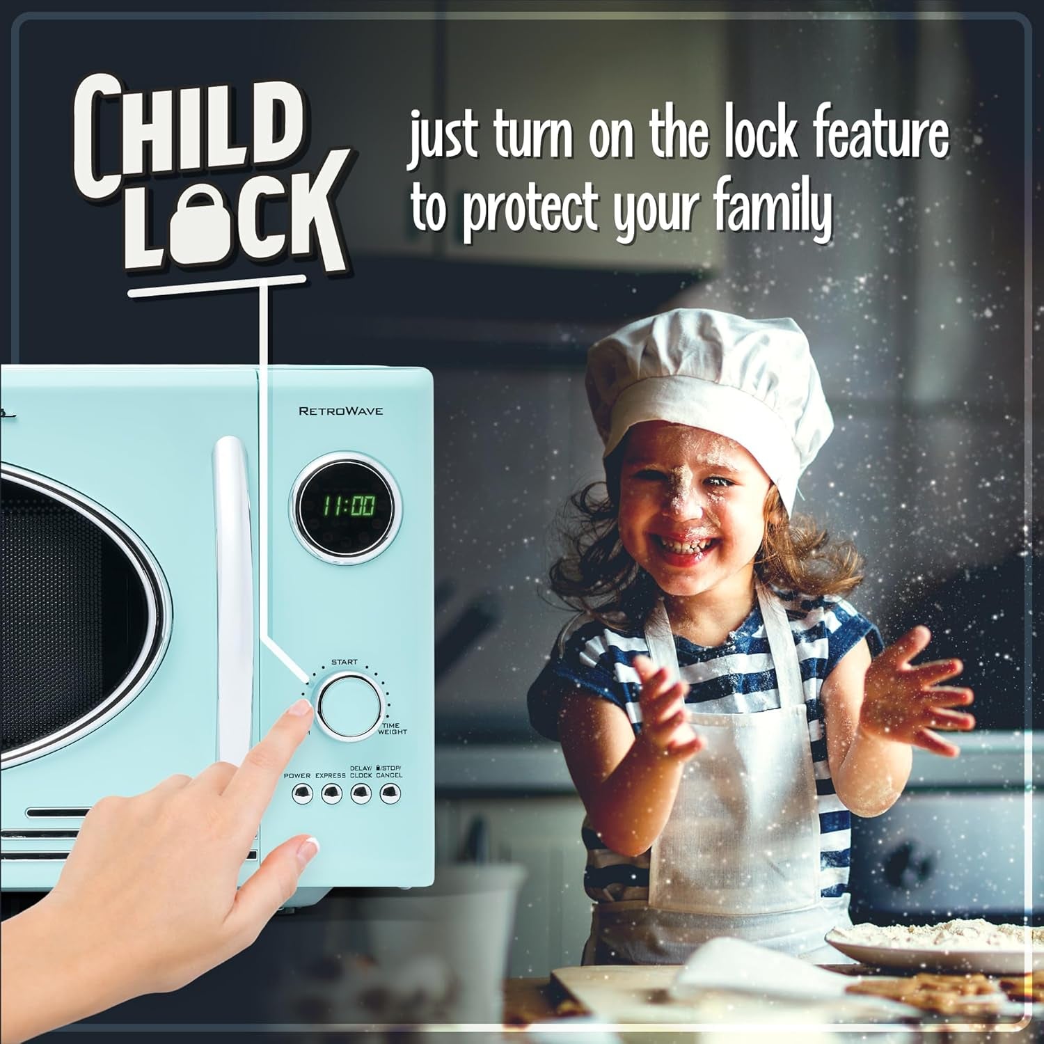 Nostalgia Retro Countertop Microwave Oven - 800-Watt - 0.9 Cu Ft - 12 Pre-Programmed Cooking Settings - Digital Clock - Kitchen Appliances - Aqua