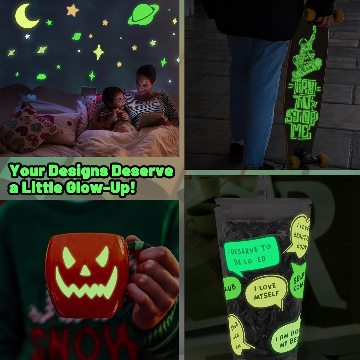 Glow in Dark Matte Neon Adhesive Craft Vinyl Precut Sheets 12" X 12" 6 Sheets/Pack for Craft Cutters,Sign Plotters