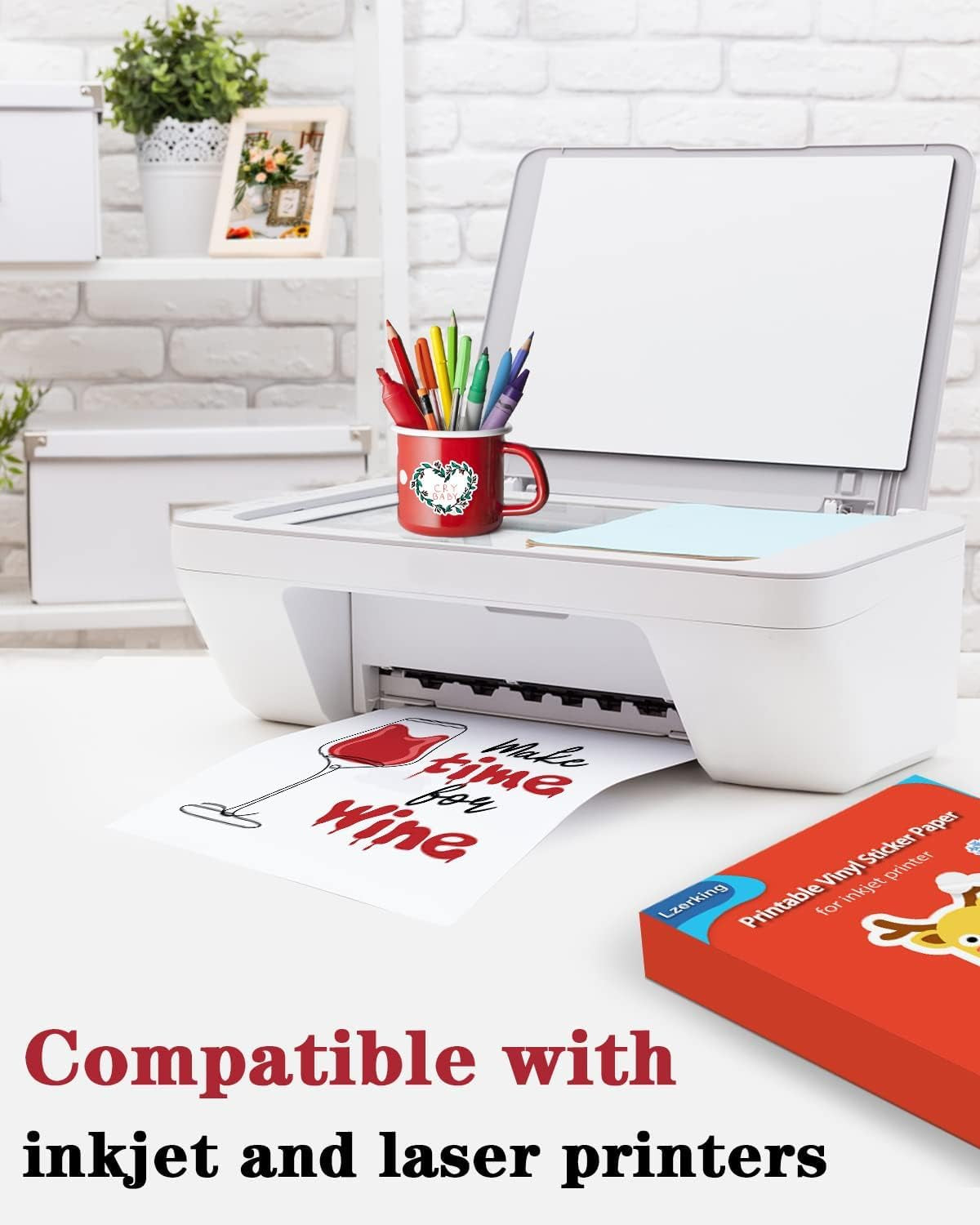 Lzerking 200 Sheets Glossy Printable Vinyl Sticker Paper 8.5"X11", Vibrant Color Quick-Drying Waterproof White Decals for Inkjet/Laser Printers & Cricut for Small Businesses, DIY Enthusiasts