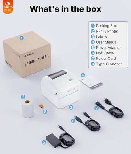 Rongta Bluetooth Thermal Shipping Label Printer, Wireless 4X6 Label Sticker Printer for Shipping Packages, Support Android, Iphone, Widely Used for Amazon, Ebay, Shopify, Etsy, UPS, White