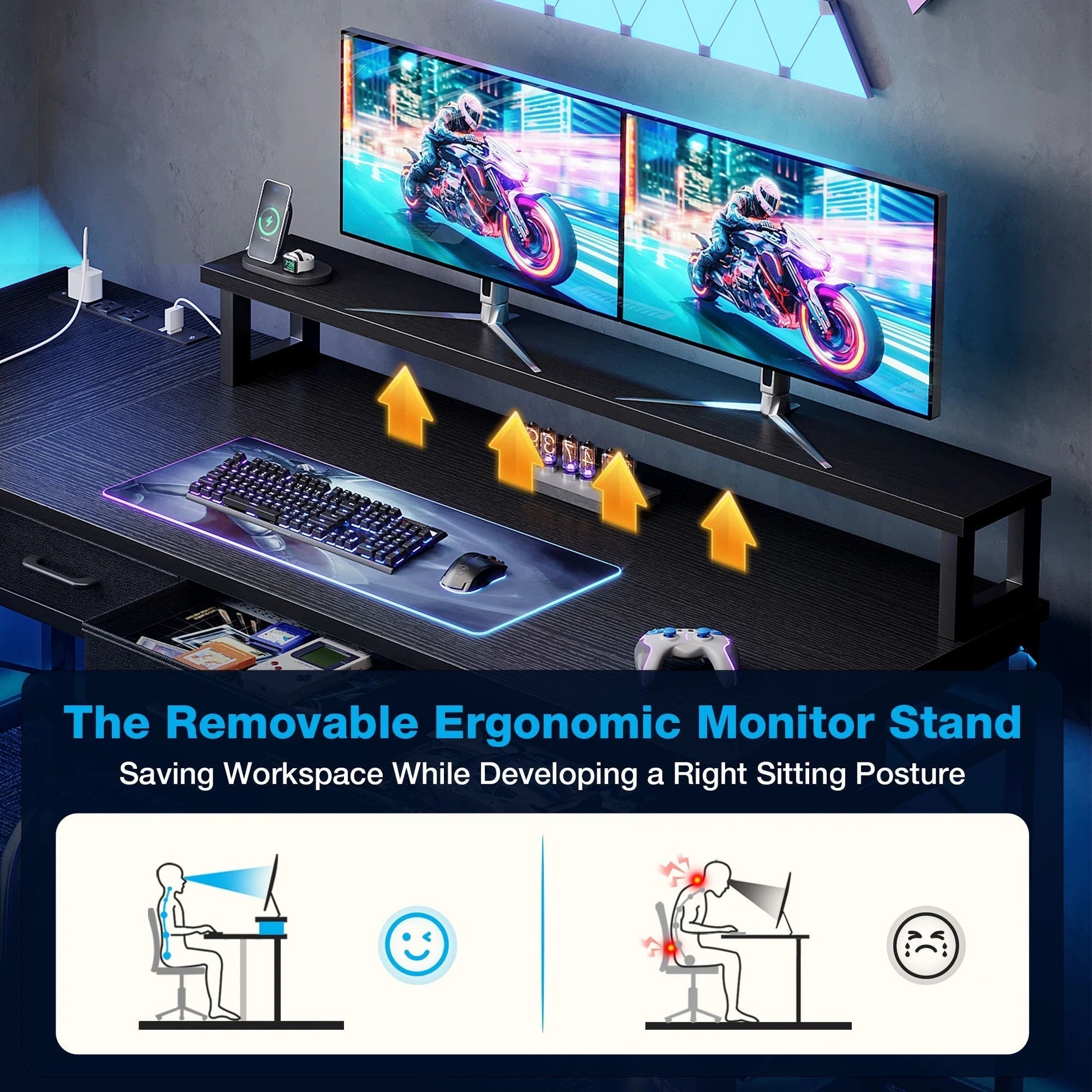 53 Inch Reversible L Shaped Desk with 3 Drawers, Computer Gaming Desk with Power Outlets & USB Ports, Monitor Stand for Home Office, Corner Desk with Large Storage Space, Modern Black