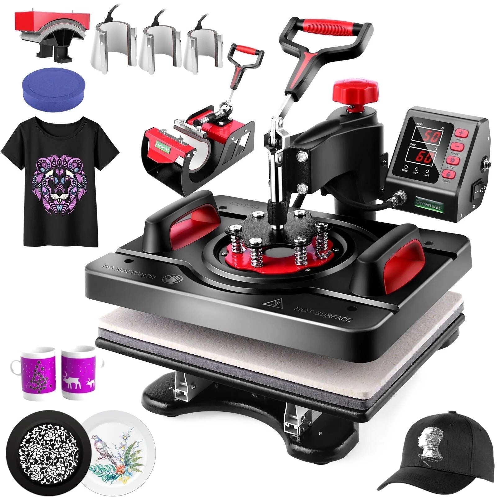 Adnoom 8 in 1 Heat Press Machine 15"X12" with LCD Control Panel, Full 360°Swing Away Heat Press Machine with Multi-Spring Pressure Knob, Sublimation Vinyl Digital Heat Press for Tshirt,Cap,Mug