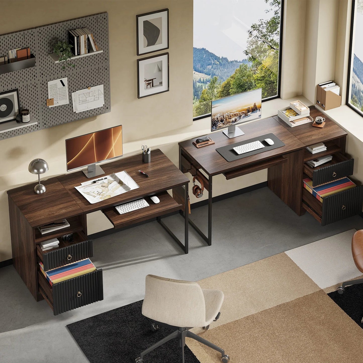 55 Inch Office Desk with Drawers, Keyboard Tray, 2 Hooks, Modern Fluted Computer Desk for Home, Walnut