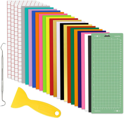 24PCS Accessories Bundle Compatible with Cricut Joy, Accessories and Supplies Include Iron on Vinyl, Adhesive Vinyl Sheets, Vinyl Transfer Tape, Cutting Mat and Weeding Tools for Starter Kit