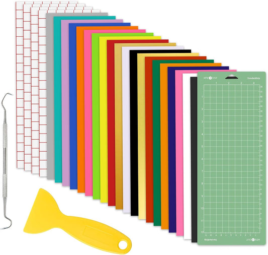 24PCS Accessories Bundle Compatible with Cricut Joy, Accessories and Supplies Include Iron on Vinyl, Adhesive Vinyl Sheets, Vinyl Transfer Tape, Cutting Mat and Weeding Tools for Starter Kit