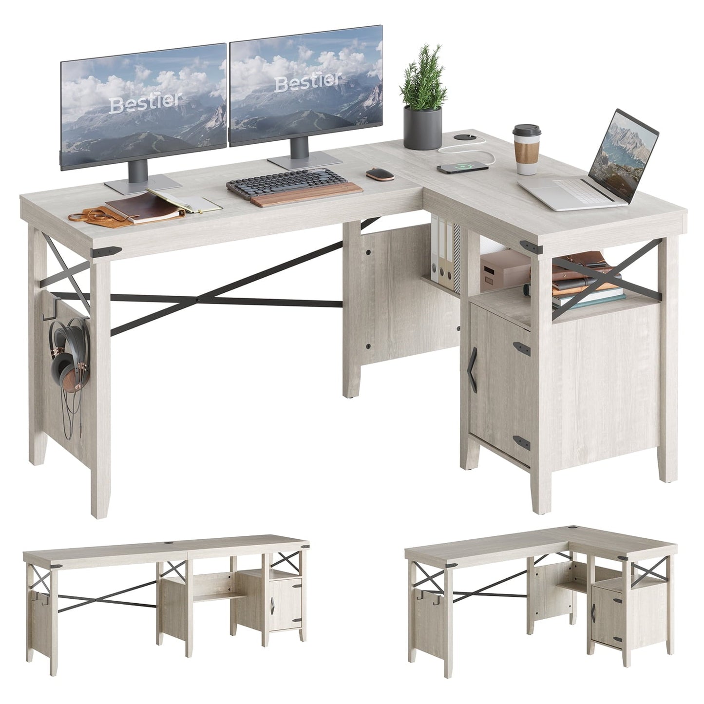 Farmhouse Desk 60" L-Shaped Computer Desk with Cabinet for Home Office , Wash White