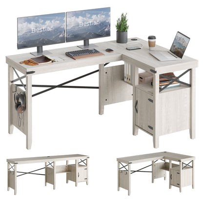 Farmhouse Desk 60" L-Shaped Computer Desk with Cabinet for Home Office , Wash White