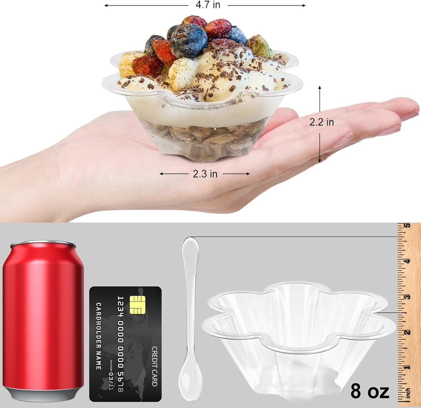 TOFLEN 8 Oz Dessert Cups with Spoons, 50 Pack Clear Plastic Small Party Serving Bowls for Sundae, Parfait, Fruit, Strawberry Shortcake, Disposable Snack Bowls (Flower Shape)