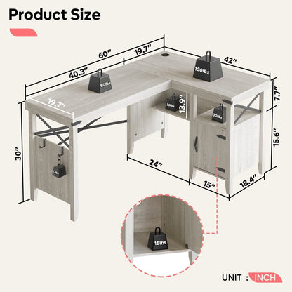 Farmhouse Desk 60" L-Shaped Computer Desk with Cabinet for Home Office , Wash White