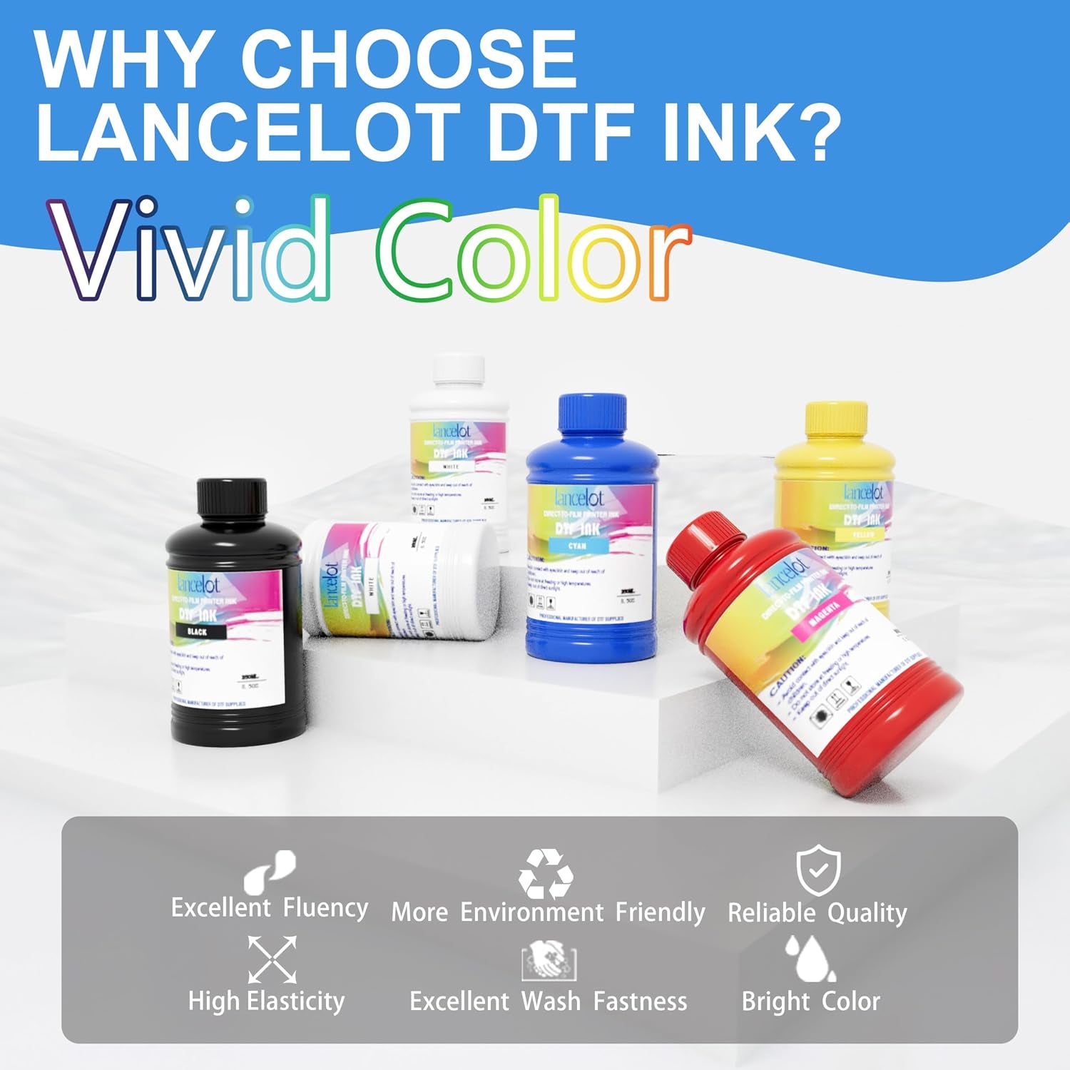 Lancelot DTF Ink 250Ml X6 Set, CMYK+2W for DTF Printers | Premium DTF Ink with Vivid Colors, Anti-Clog Formula, Smooth Printing, and Compatibility with ET-8550, XP-15000 & More